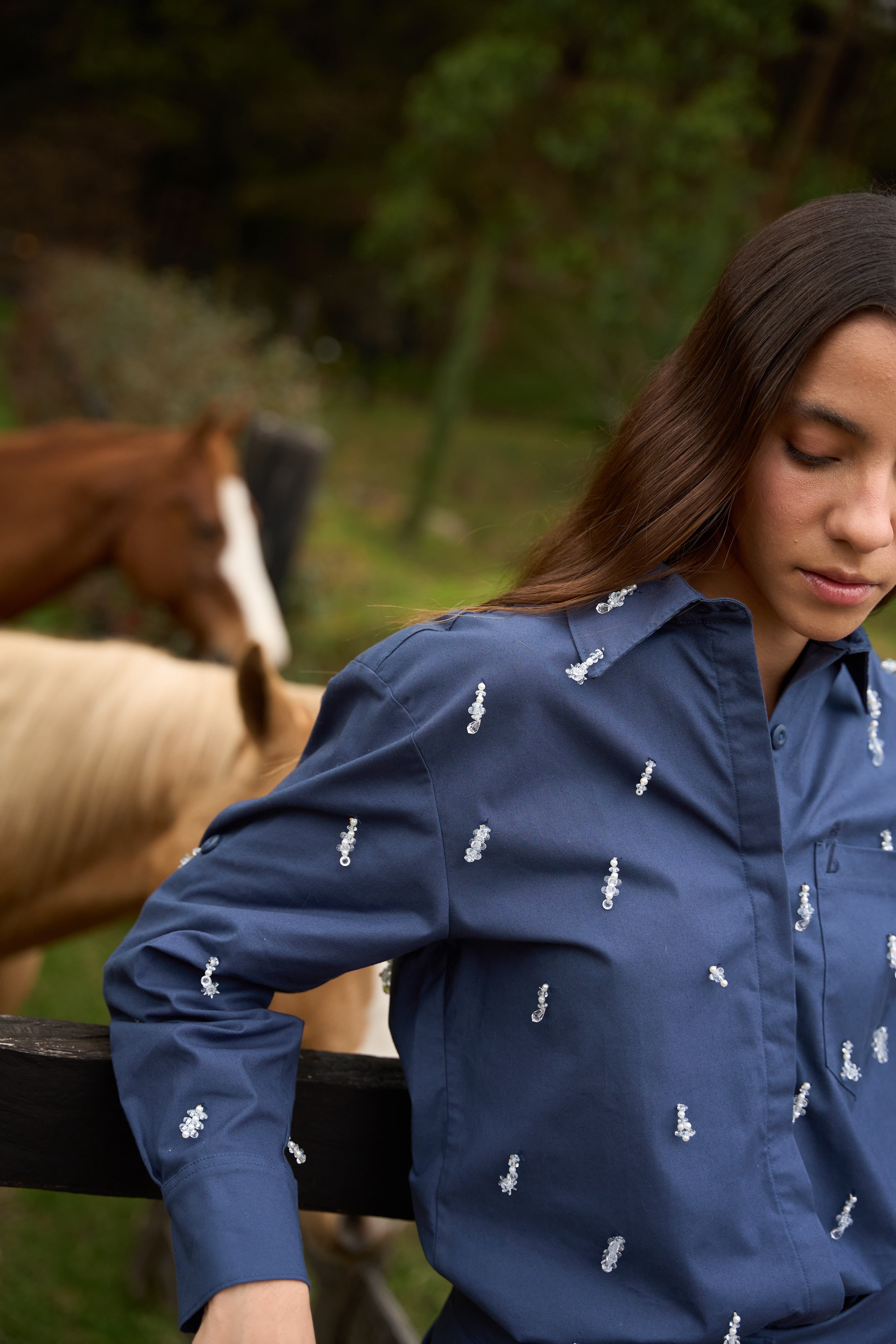 HAND BEADED SERRANIA SHIRT - BLUE