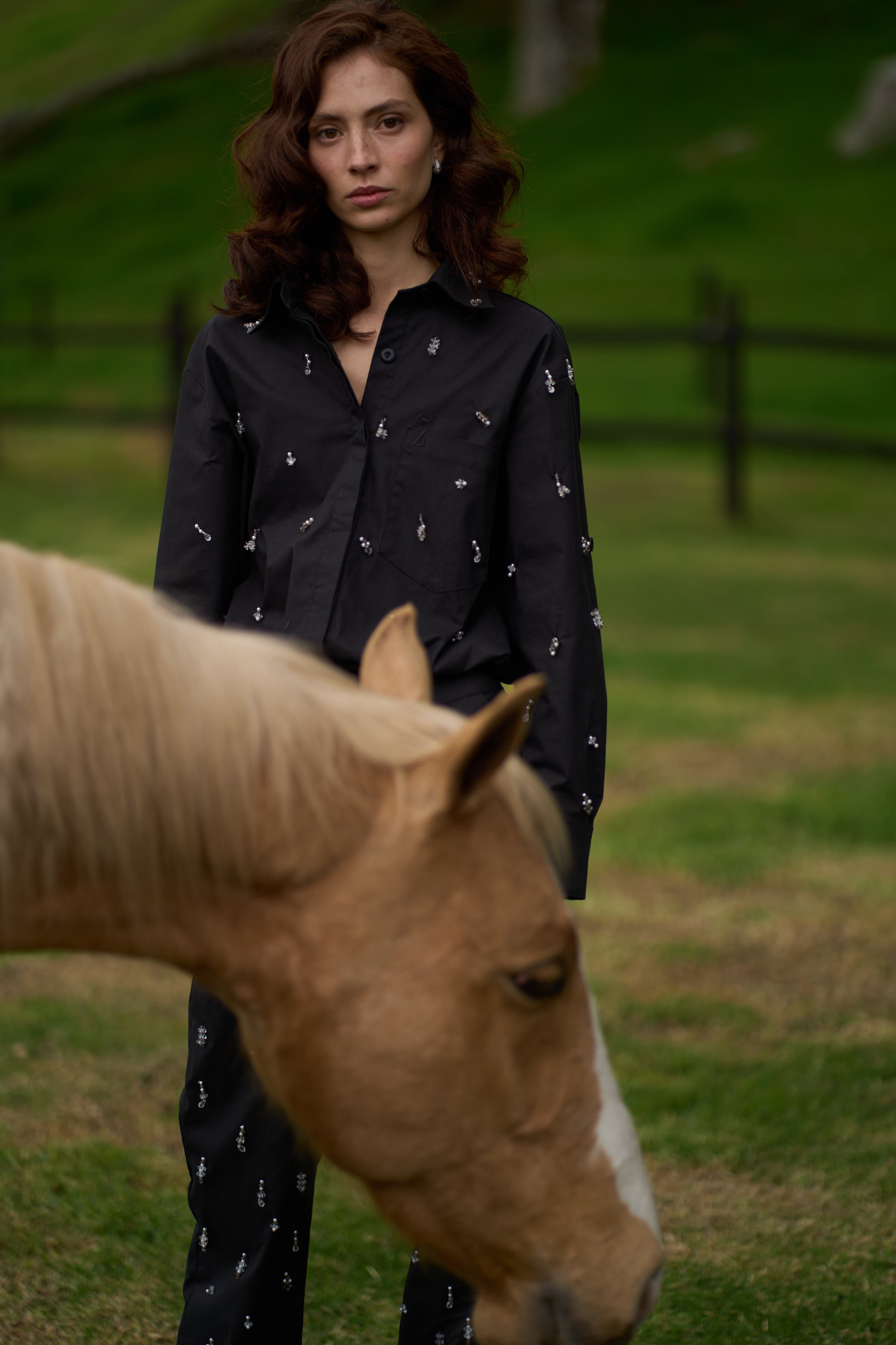 HAND BEADED SERRANIA SHIRT - BLACK